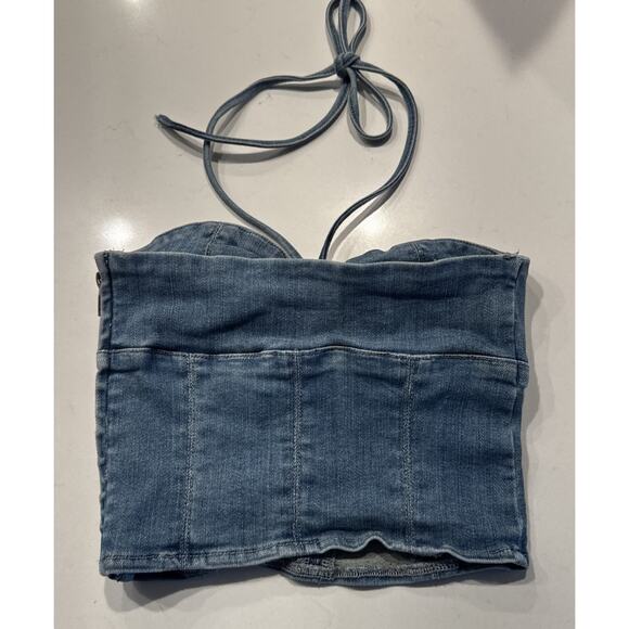 Tiger Mist Denim Halter Crop Top Size XS Cut Out - Picture 5 of 9
